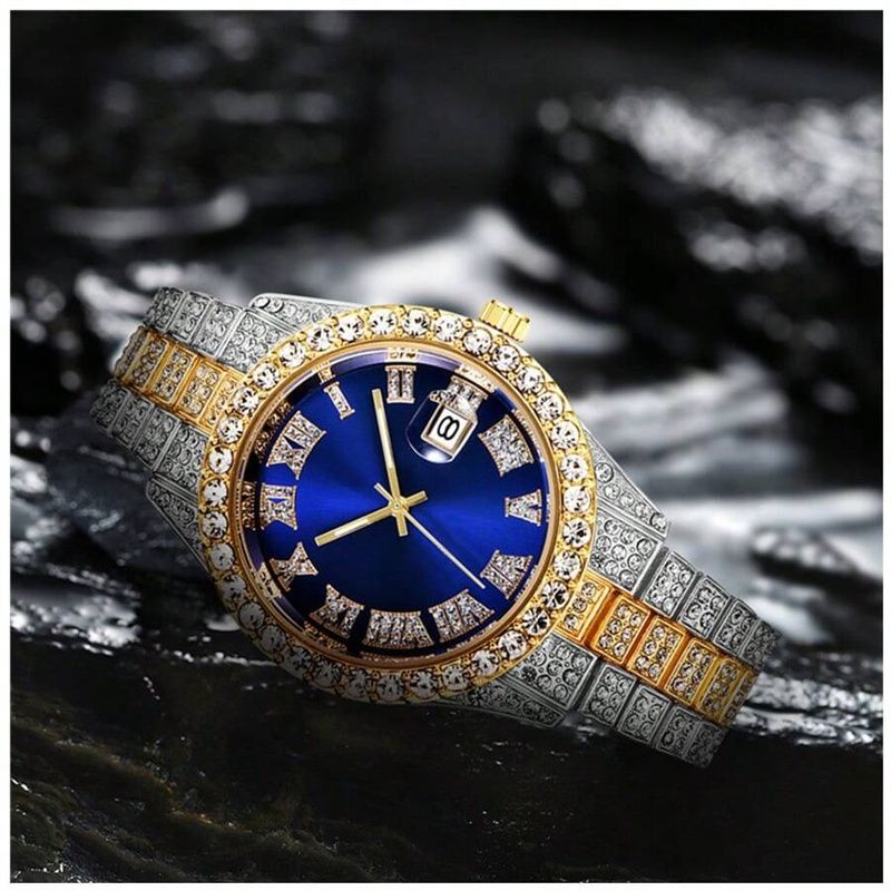 3pcs/set European and American Hip-hop Men's Watch Bracelet Necklace Fashion Roman Pattern Full Diamond Calendar Quartz Watch High-quality Diamond Inlaid Cuban Chain Men's Women' Ice Watch Jewelry Set