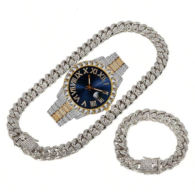 3pcs/set European and American Hip-hop Men's Watch Bracelet Necklace Fashion Roman Pattern Full Diamond Calendar Quartz Watch High-quality Diamond Inlaid Cuban Chain Men's Women' Ice Watch Jewelry Set