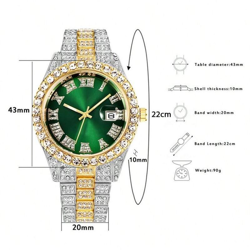 3pcs/set European and American Hip-hop Men's Watch Bracelet Necklace Fashion Roman Pattern Full Diamond Calendar Quartz Watch High-quality Diamond Inlaid Cuban Chain Men's Women' Ice Watch Jewelry Set