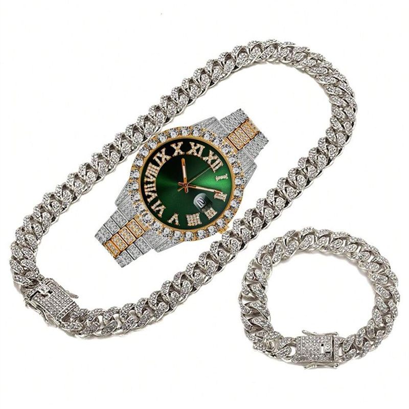 3pcs/set European and American Hip-hop Men's Watch Bracelet Necklace Fashion Roman Pattern Full Diamond Calendar Quartz Watch High-quality Diamond Inlaid Cuban Chain Men's Women' Ice Watch Jewelry Set