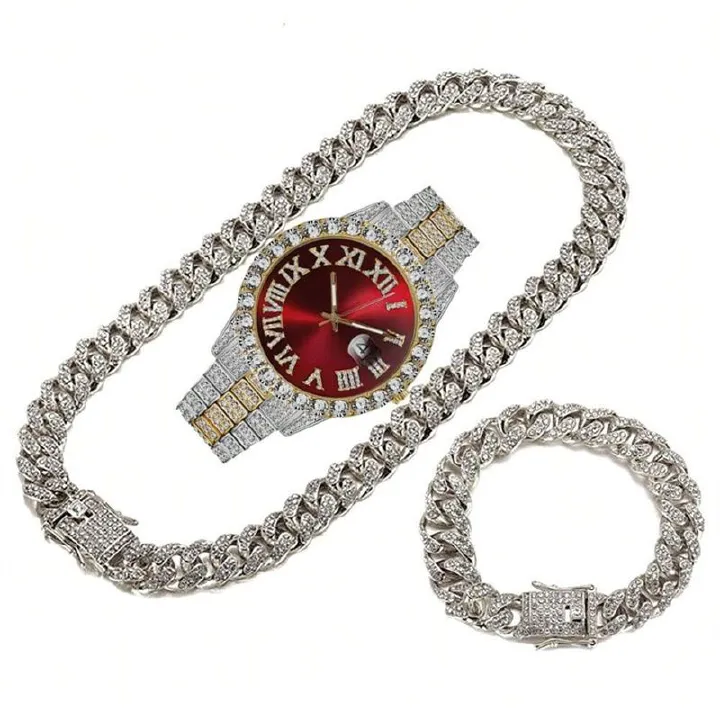 3pcs/set European and American Hip-hop Men's Watch Bracelet Necklace Fashion Roman Pattern Full Diamond Calendar Quartz Watch High-quality Diamond Inlaid Cuban Chain Men's Women' Ice Watch Jewelry Set