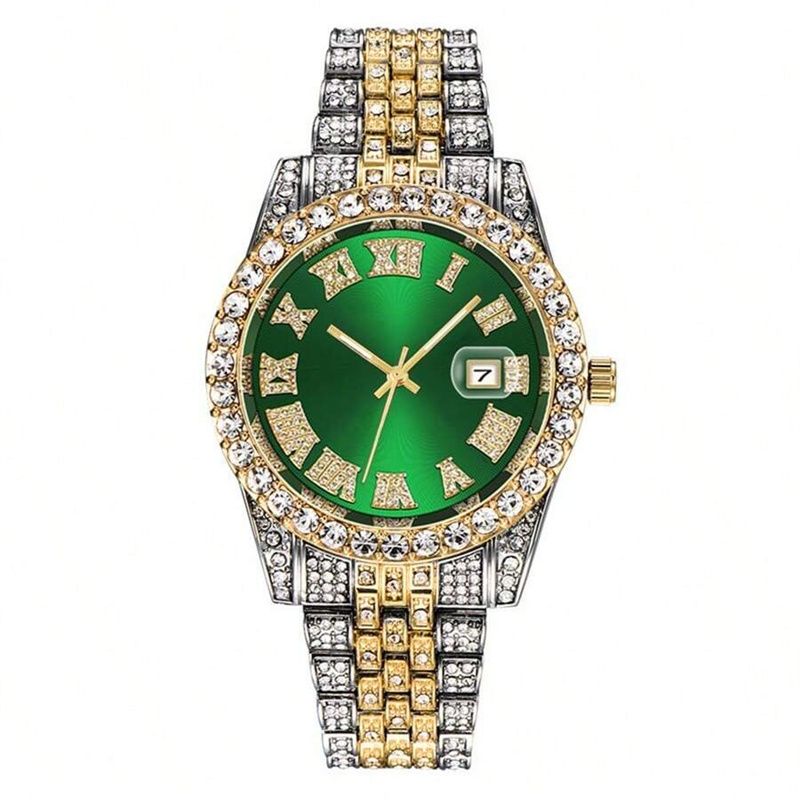 3pcs/set European and American Hip-hop Men's Watch Bracelet Necklace Fashion Roman Pattern Full Diamond Calendar Quartz Watch High-quality Diamond Inlaid Cuban Chain Men's Women' Ice Watch Jewelry Set