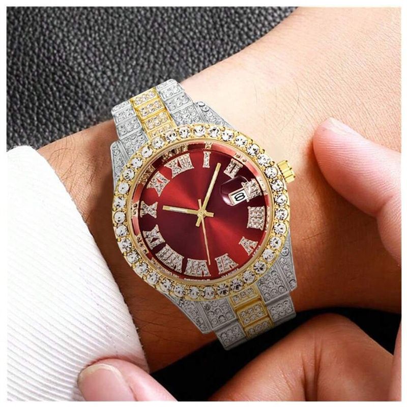 3pcs/set European and American Hip-hop Men's Watch Bracelet Necklace Fashion Roman Pattern Full Diamond Calendar Quartz Watch High-quality Diamond Inlaid Cuban Chain Men's Women' Ice Watch Jewelry Set