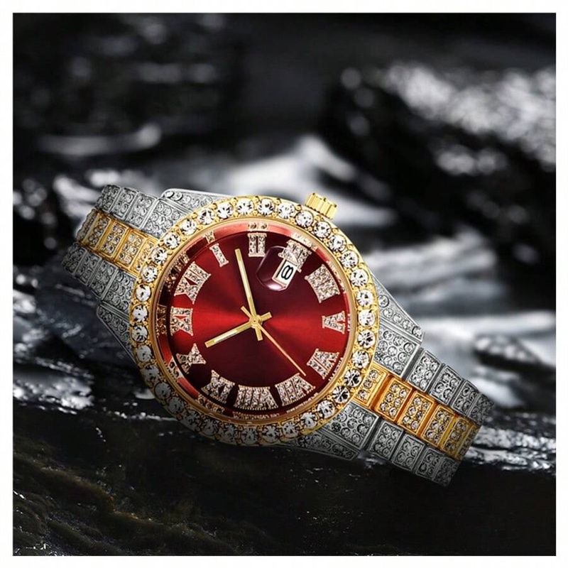 3pcs/set European and American Hip-hop Men's Watch Bracelet Necklace Fashion Roman Pattern Full Diamond Calendar Quartz Watch High-quality Diamond Inlaid Cuban Chain Men's Women' Ice Watch Jewelry Set