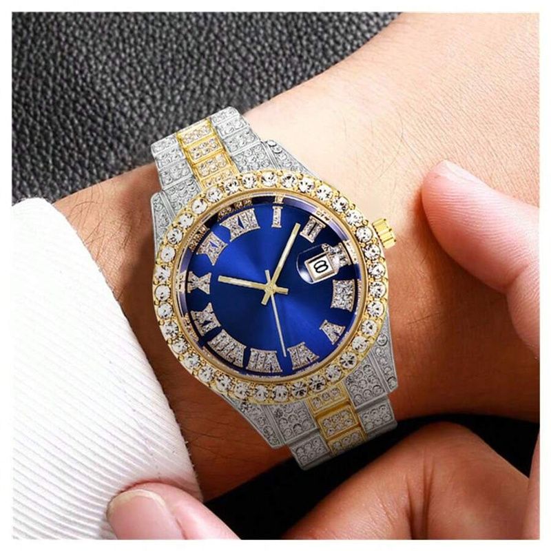 3pcs/set European and American Hip-hop Men's Watch Bracelet Necklace Fashion Roman Pattern Full Diamond Calendar Quartz Watch High-quality Diamond Inlaid Cuban Chain Men's Women' Ice Watch Jewelry Set