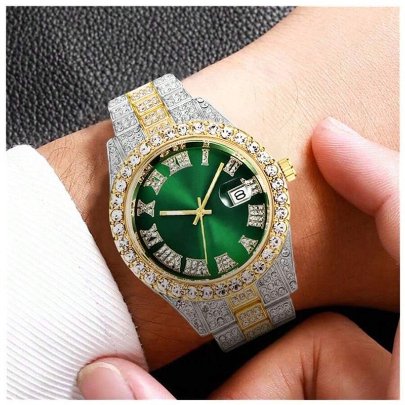 3pcs/set European and American Hip-hop Men's Watch Bracelet Necklace Fashion Roman Pattern Full Diamond Calendar Quartz Watch High-quality Diamond Inlaid Cuban Chain Men's Women' Ice Watch Jewelry Set