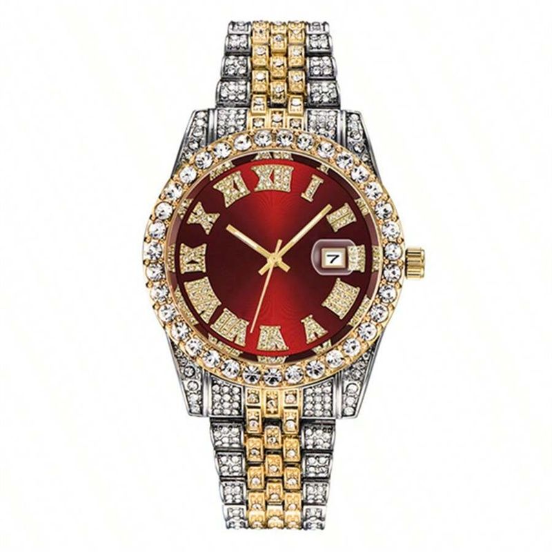 3pcs/set European and American Hip-hop Men's Watch Bracelet Necklace Fashion Roman Pattern Full Diamond Calendar Quartz Watch High-quality Diamond Inlaid Cuban Chain Men's Women' Ice Watch Jewelry Set