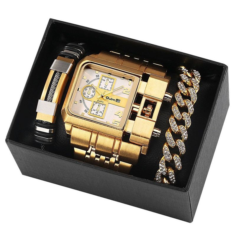 3pcs/set or 1pc Oulm New Fashion Luxury Men's Watch Set Multi-time Zone Large Dial Luminous Men Watches Steel Band Casual Quartz Wrist Watch Belt Full Diamond Bracelet