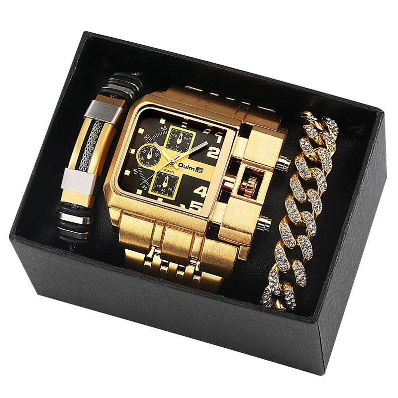 3pcs/set or 1pc Oulm New Fashion Luxury Men's Watch Set Multi-time Zone Large Dial Luminous Men Watches Steel Band Casual Quartz Wrist Watch Belt Full Diamond Bracelet