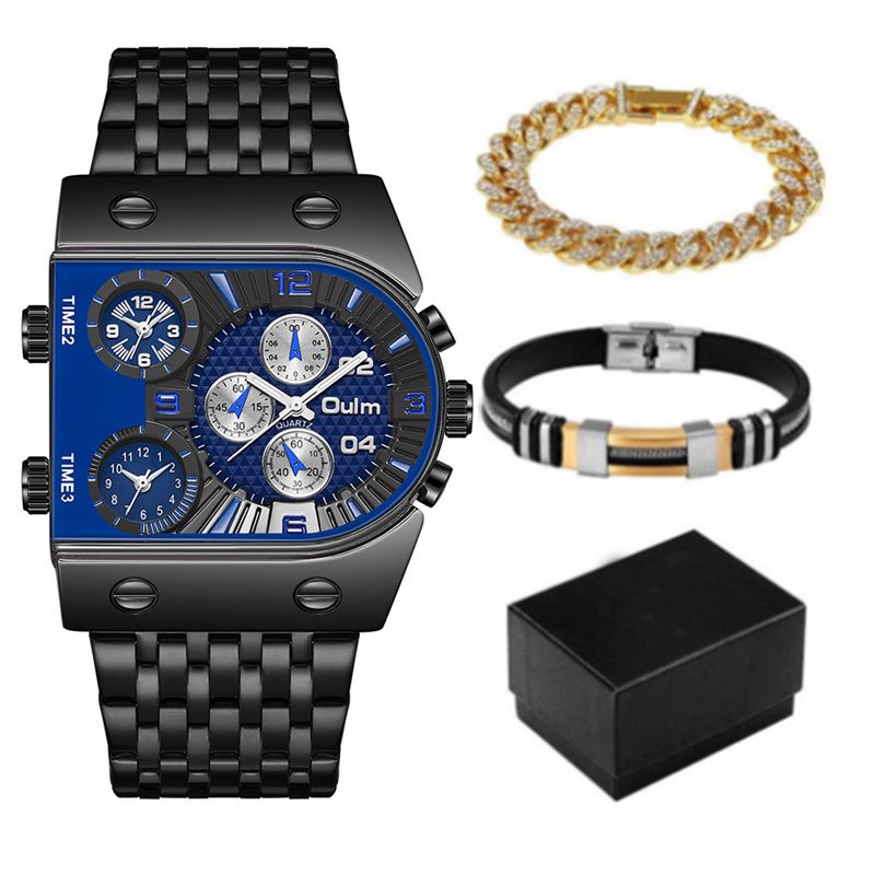 3pcs/set or 1pc Oulm New Fashion Luxury Men's Watch Set Multi-time Zone Large Dial Luminous Men Watches Steel Band Casual Quartz Wrist Watch Belt Full Diamond Bracelet