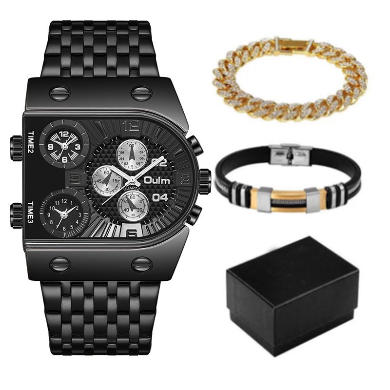 3pcs/set or 1pc Oulm New Fashion Luxury Men's Watch Set Multi-time Zone Large Dial Luminous Men Watches Steel Band Casual Quartz Wrist Watch Belt Full Diamond Bracelet