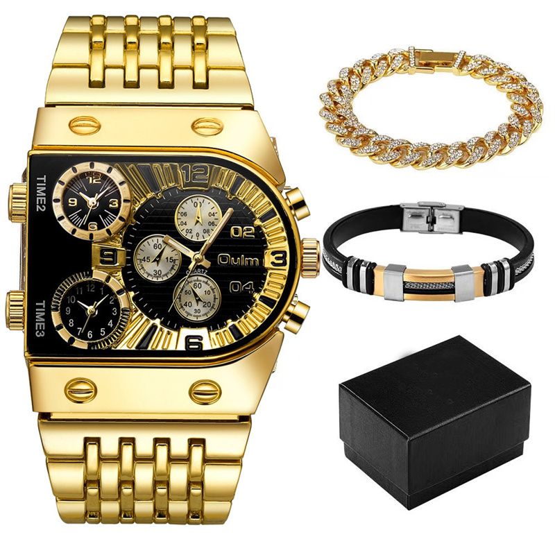 3pcs/set or 1pc Oulm New Fashion Luxury Men's Watch Set Multi-time Zone Large Dial Luminous Men Watches Steel Band Casual Quartz Wrist Watch Belt Full Diamond Bracelet