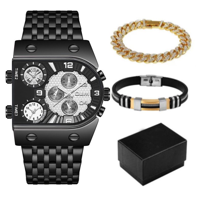 3pcs/set or 1pc Oulm New Fashion Luxury Men's Watch Set Multi-time Zone Large Dial Luminous Men Watches Steel Band Casual Quartz Wrist Watch Belt Full Diamond Bracelet