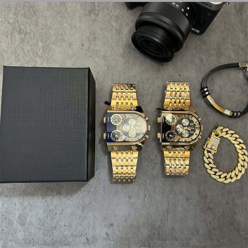3pcs/set or 1pc Oulm New Fashion Luxury Men's Watch Set Multi-time Zone Large Dial Luminous Men Watches Steel Band Casual Quartz Wrist Watch Belt Full Diamond Bracelet