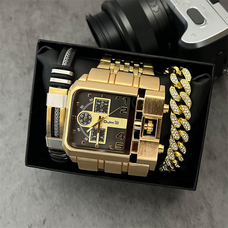 3pcs/set or 1pc Oulm New Fashion Luxury Men's Watch Set Multi-time Zone Large Dial Luminous Men Watches Steel Band Casual Quartz Wrist Watch Belt Full Diamond Bracelet