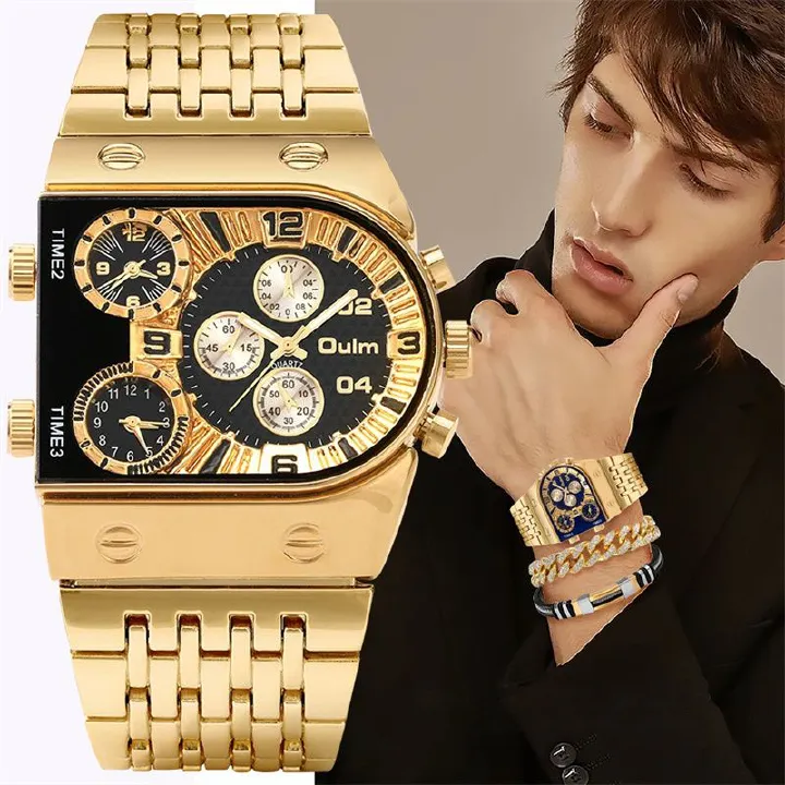 3pcs/set or 1pc Oulm New Fashion Luxury Men's Watch Set Multi-time Zone Large Dial Luminous Men Watches Steel Band Casual Quartz Wrist Watch Belt Full Diamond Bracelet
