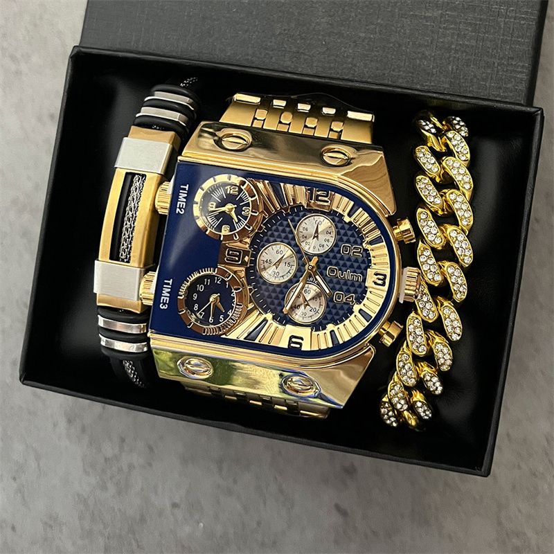 3pcs/set or 1pc Oulm New Fashion Luxury Men's Watch Set Multi-time Zone Large Dial Luminous Men Watches Steel Band Casual Quartz Wrist Watch Belt Full Diamond Bracelet