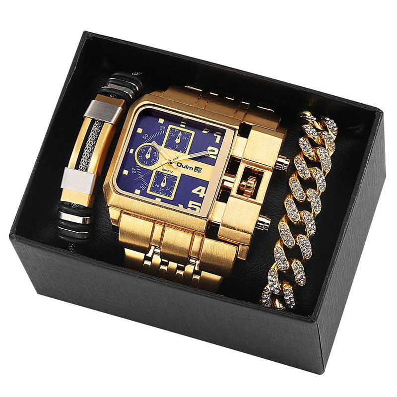 3pcs/set or 1pc Oulm New Fashion Luxury Men's Watch Set Multi-time Zone Large Dial Luminous Men Watches Steel Band Casual Quartz Wrist Watch Belt Full Diamond Bracelet