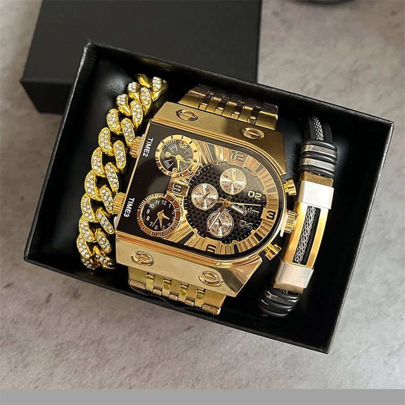 3pcs/set or 1pc Oulm New Fashion Luxury Men's Watch Set Multi-time Zone Large Dial Luminous Men Watches Steel Band Casual Quartz Wrist Watch Belt Full Diamond Bracelet