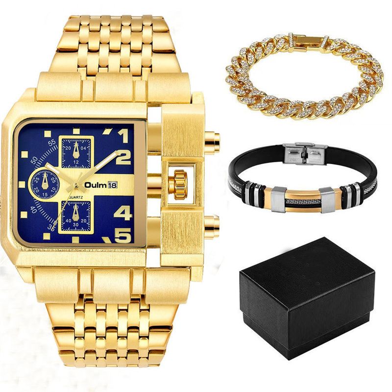 3pcs/set or 1pc Oulm New Fashion Luxury Men's Watch Set Multi-time Zone Large Dial Luminous Men Watches Steel Band Casual Quartz Wrist Watch Belt Full Diamond Bracelet