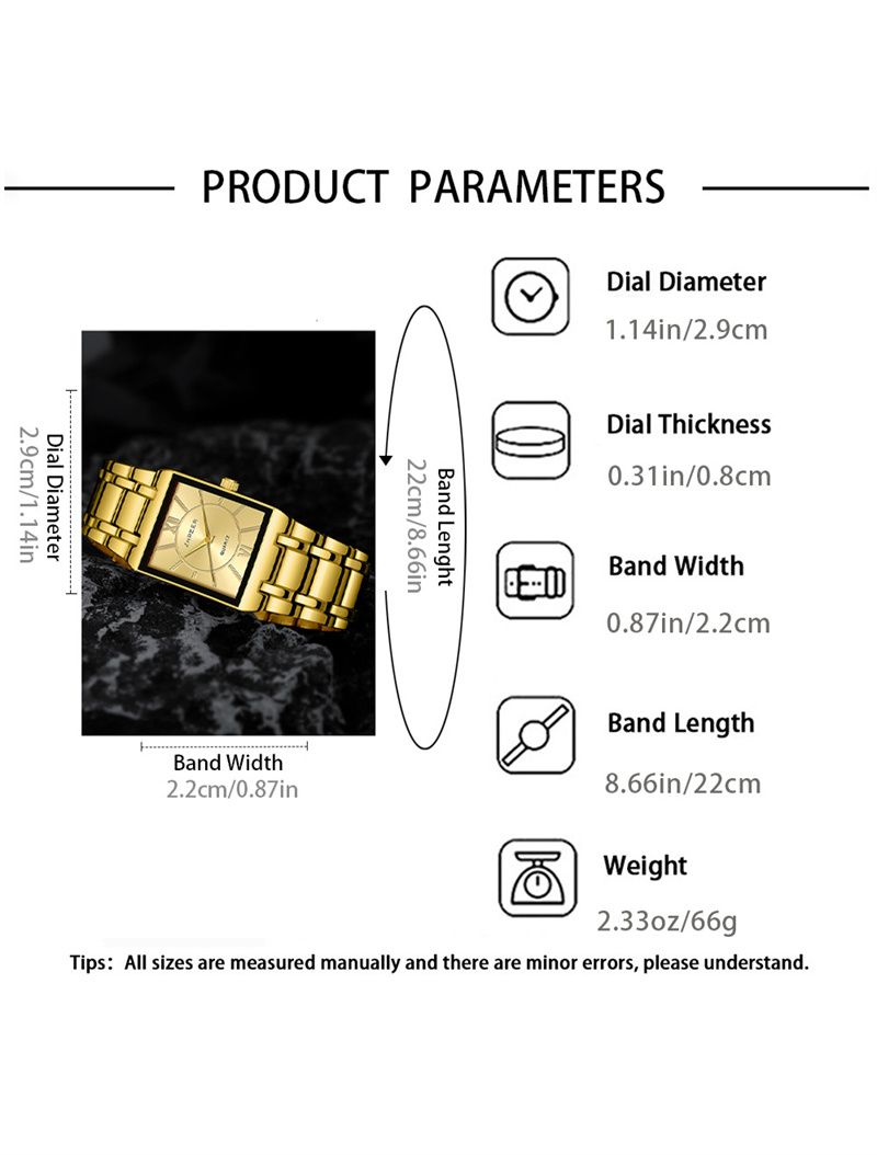 4pcs/set New Luxury Gold Square Hip Hop Men's Watch Bracelet Necklace Ring Business Casual Quartz Wrist Watch Versatile Cross Jewelry Watch Set