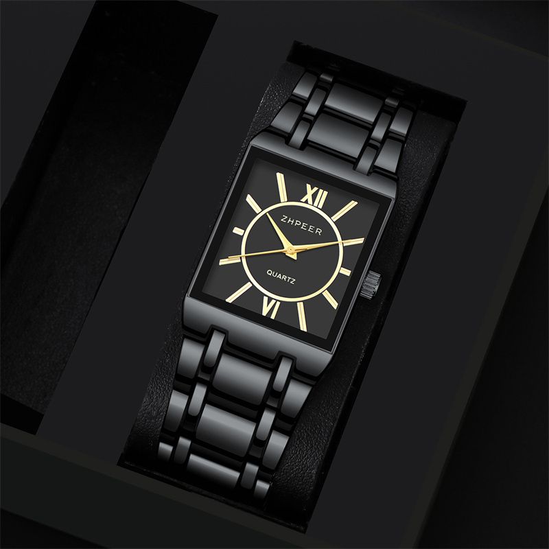 4pcs/set New Luxury Gold Square Hip Hop Men's Watch Bracelet Necklace Ring Business Casual Quartz Wrist Watch Versatile Cross Jewelry Watch Set