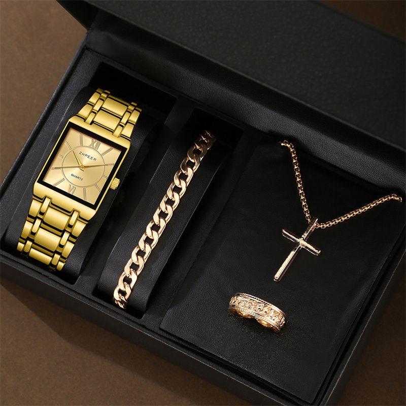 4pcs/set New Luxury Gold Square Hip Hop Men's Watch Bracelet Necklace Ring Business Casual Quartz Wrist Watch Versatile Cross Jewelry Watch Set