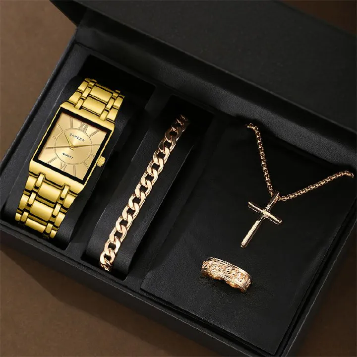 4pcs/set New Luxury Gold Square Hip Hop Men's Watch Bracelet Necklace Ring Business Casual Quartz Wrist Watch Versatile Cross Jewelry Watch Set