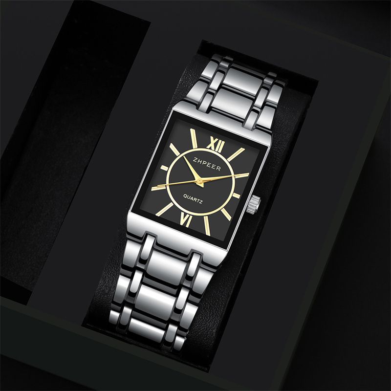 4pcs/set New Luxury Gold Square Hip Hop Men's Watch Bracelet Necklace Ring Business Casual Quartz Wrist Watch Versatile Cross Jewelry Watch Set