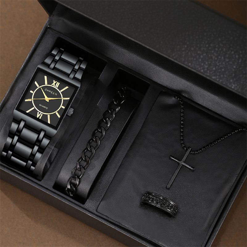 4pcs/set New Luxury Gold Square Hip Hop Men's Watch Bracelet Necklace Ring Business Casual Quartz Wrist Watch Versatile Cross Jewelry Watch Set