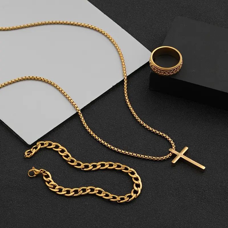 4pcs/set New Luxury Gold Square Hip Hop Men's Watch Bracelet Necklace Ring Business Casual Quartz Wrist Watch Versatile Cross Jewelry Watch Set