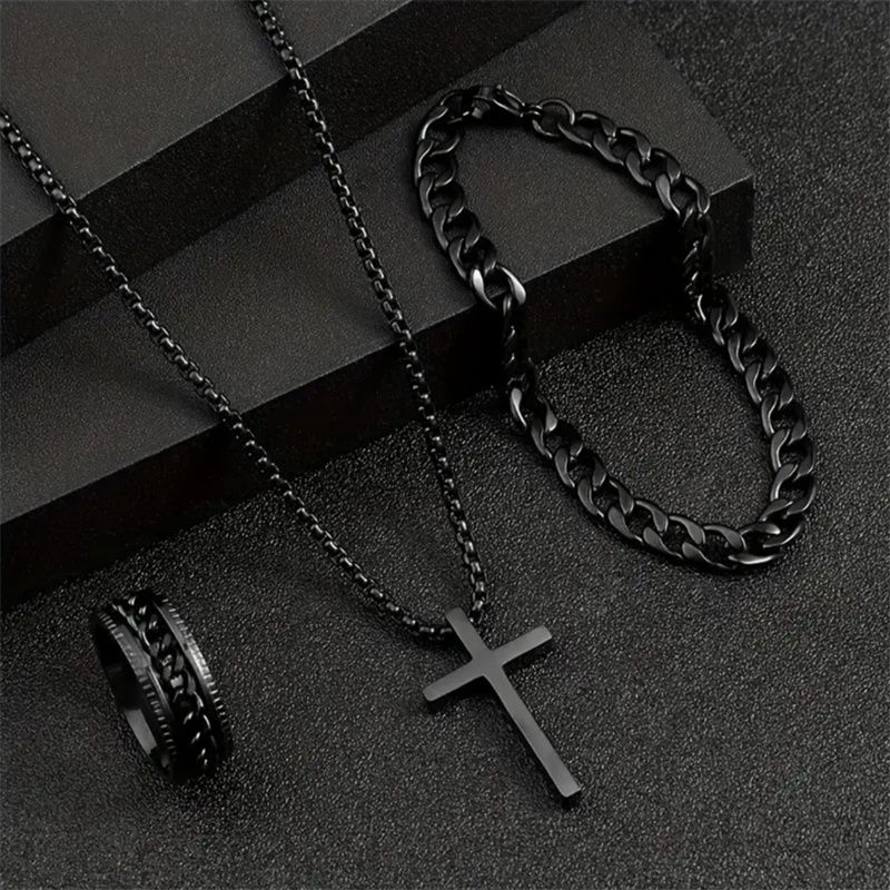 4pcs/set New Luxury Gold Square Hip Hop Men's Watch Bracelet Necklace Ring Business Casual Quartz Wrist Watch Versatile Cross Jewelry Watch Set
