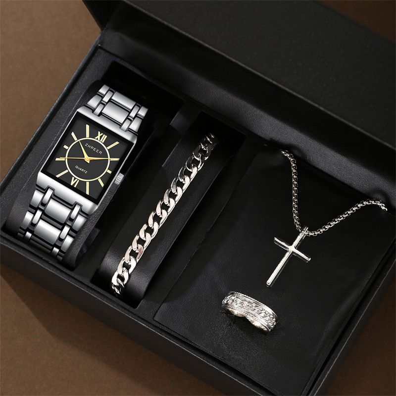 4pcs/set New Luxury Gold Square Hip Hop Men's Watch Bracelet Necklace Ring Business Casual Quartz Wrist Watch Versatile Cross Jewelry Watch Set