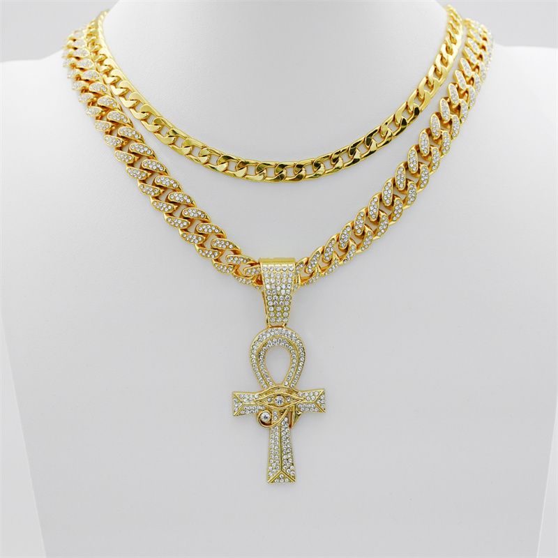 3Pcs Set European and American New Men's Hip Hop Fashion Necklace Eye of Horus Ankh Cross Pendant Full Diamonds Double-layer Stacked Cuban Chain Fashionable Women's Hip-hop Rapper Accessories