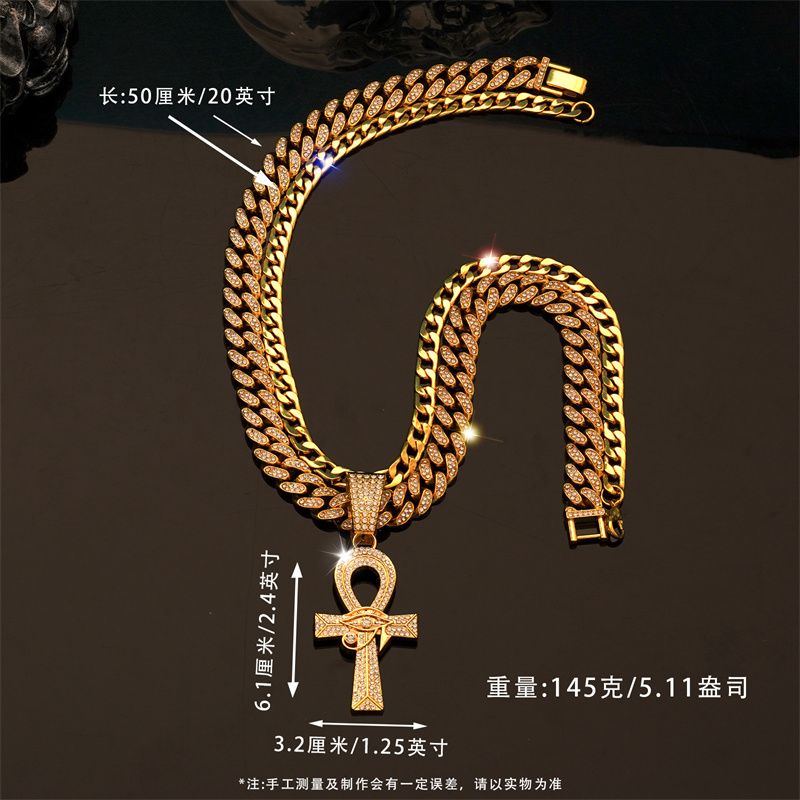 3Pcs Set European and American New Men's Hip Hop Fashion Necklace Eye of Horus Ankh Cross Pendant Full Diamonds Double-layer Stacked Cuban Chain Fashionable Women's Hip-hop Rapper Accessories