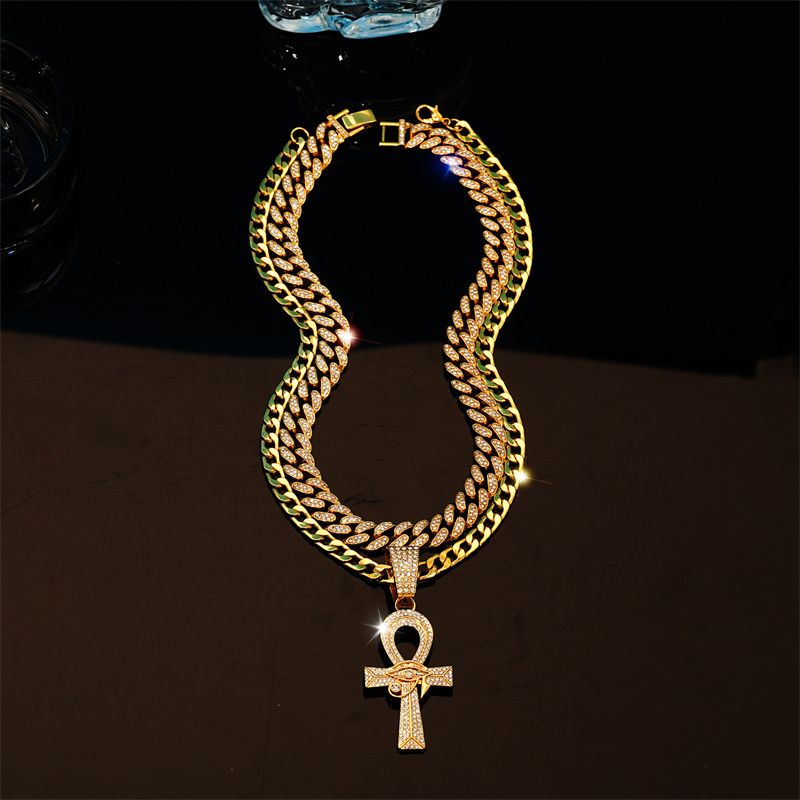 3Pcs Set European and American New Men's Hip Hop Fashion Necklace Eye of Horus Ankh Cross Pendant Full Diamonds Double-layer Stacked Cuban Chain Fashionable Women's Hip-hop Rapper Accessories