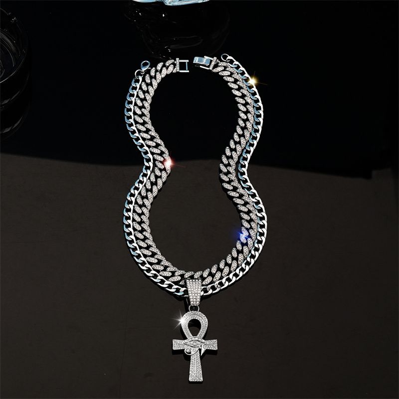 3Pcs Set European and American New Men's Hip Hop Fashion Necklace Eye of Horus Ankh Cross Pendant Full Diamonds Double-layer Stacked Cuban Chain Fashionable Women's Hip-hop Rapper Accessories
