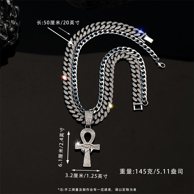 3Pcs Set European and American New Men's Hip Hop Fashion Necklace Eye of Horus Ankh Cross Pendant Full Diamonds Double-layer Stacked Cuban Chain Fashionable Women's Hip-hop Rapper Accessories