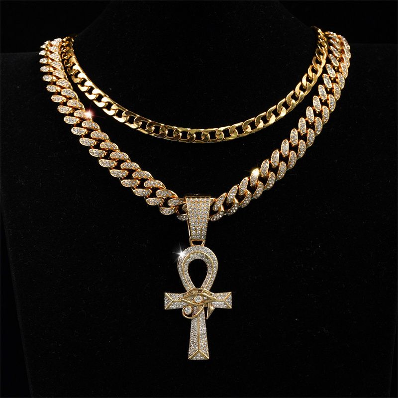 3Pcs Set European and American New Men's Hip Hop Fashion Necklace Eye of Horus Ankh Cross Pendant Full Diamonds Double-layer Stacked Cuban Chain Fashionable Women's Hip-hop Rapper Accessories