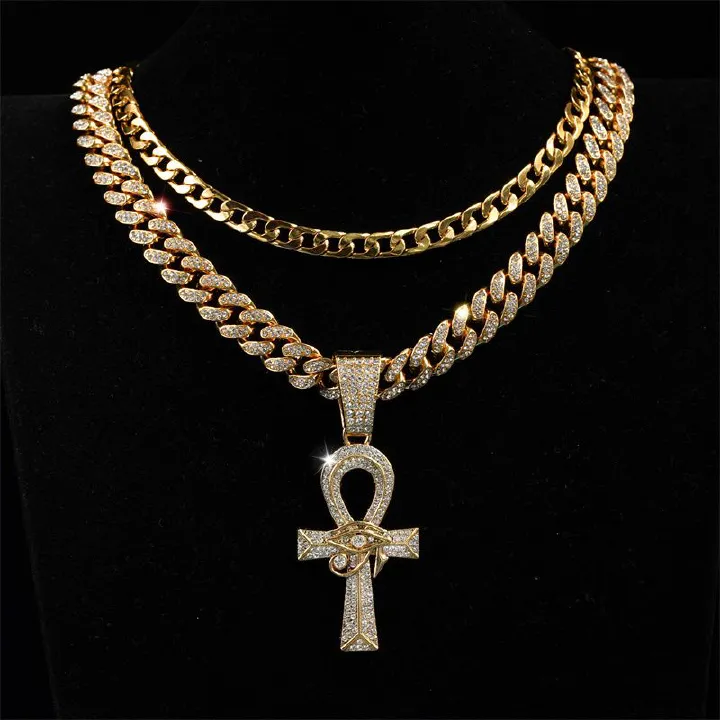 3Pcs Set European and American New Men's Hip Hop Fashion Necklace Eye of Horus Ankh Cross Pendant Full Diamonds Double-layer Stacked Cuban Chain Fashionable Women's Hip-hop Rapper Accessories
