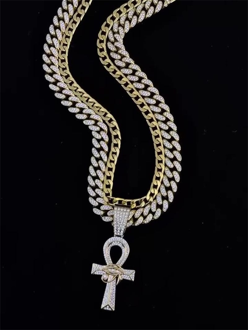 3Pcs Set European and American New Men's Hip Hop Fashion Necklace Eye of Horus Ankh Cross Pendant Full Diamonds Double-layer Stacked Cuban Chain Fashionable Women's Hip-hop Rapper Accessories
