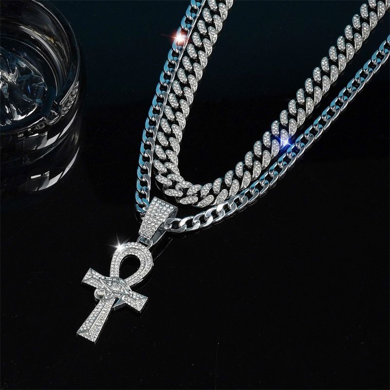 3Pcs Set European and American New Men's Hip Hop Fashion Necklace Eye of Horus Ankh Cross Pendant Full Diamonds Double-layer Stacked Cuban Chain Fashionable Women's Hip-hop Rapper Accessories
