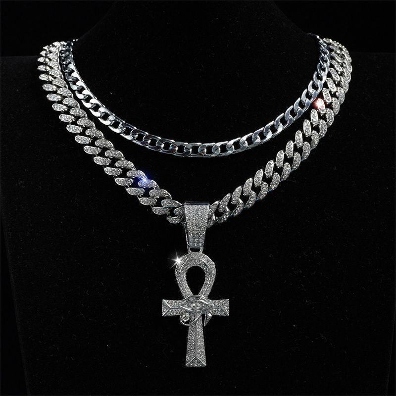 3Pcs Set European and American New Men's Hip Hop Fashion Necklace Eye of Horus Ankh Cross Pendant Full Diamonds Double-layer Stacked Cuban Chain Fashionable Women's Hip-hop Rapper Accessories