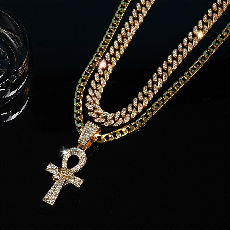 3Pcs Set European and American New Men's Hip Hop Fashion Necklace Eye of Horus Ankh Cross Pendant Full Diamonds Double-layer Stacked Cuban Chain Fashionable Women's Hip-hop Rapper Accessories