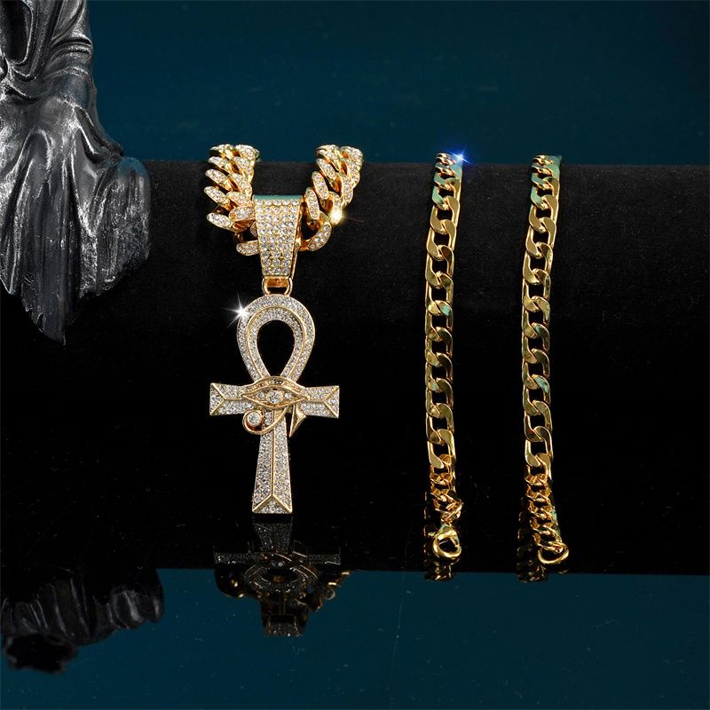 3Pcs Set European and American New Men's Hip Hop Fashion Necklace Eye of Horus Ankh Cross Pendant Full Diamonds Double-layer Stacked Cuban Chain Fashionable Women's Hip-hop Rapper Accessories