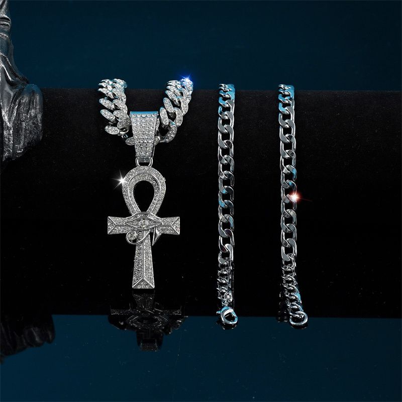 3Pcs Set European and American New Men's Hip Hop Fashion Necklace Eye of Horus Ankh Cross Pendant Full Diamonds Double-layer Stacked Cuban Chain Fashionable Women's Hip-hop Rapper Accessories