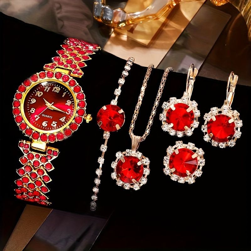 New Fashion Women's Watch Jewelry Set Luxury Full Diamond Round Quartz Lady Wrist Watch Large Crystal Gemstone Necklace Bracelet Earrings Ring Fashionable Bridal Jewellery Accessories