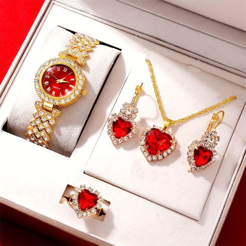 New Fashion Women's Watch Jewelry Set Luxury Full Diamond Round Quartz Lady Wrist Watch Large Crystal Gemstone Necklace Bracelet Earrings Ring Fashionable Bridal Jewellery Accessories