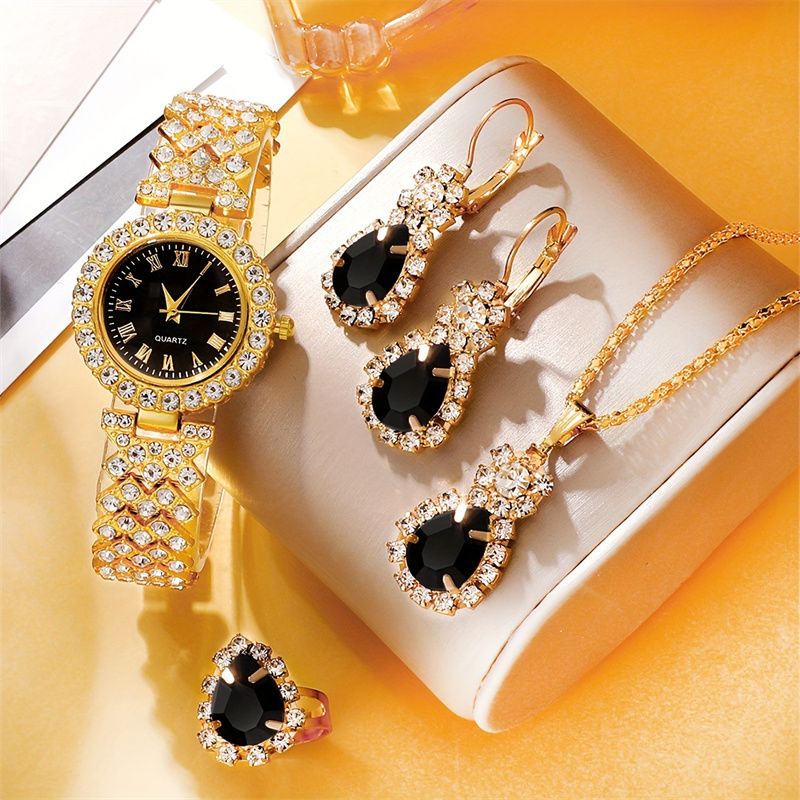 New Fashion Women's Watch Jewelry Set Luxury Full Diamond Round Quartz Lady Wrist Watch Large Crystal Gemstone Necklace Bracelet Earrings Ring Fashionable Bridal Jewellery Accessories