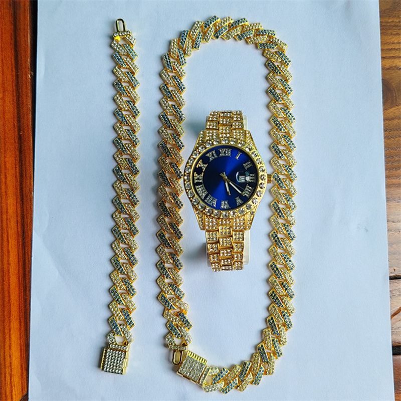 3pcs/set European American Hip-hop Men's Ice Watch Set Luxury Full Diamonds Gold Quartz Wrist Watch Golden Inlaid Blue Crystal Cuban Chain Bracelet Necklace Rapper hip hop Fashion Jewelry Accessory